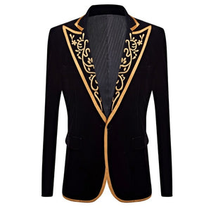 PYJTRL New Mens Fashion Royal Court Prince Black Velvet Gold Embroidery Blazer Wedding Groom Slim Fit Suit Jacket Singer Costume