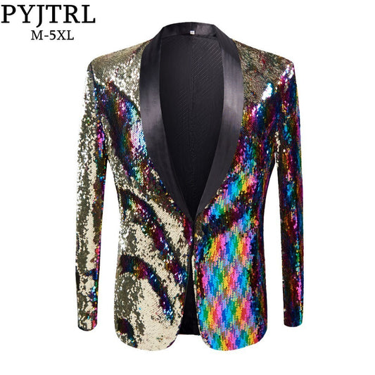 PYJTRL New Mens Stylish Gold Colorized Double-Color Sequins Blazer Nightclub Bar Stage Singer Costume Wedding Groom Suit Jacket