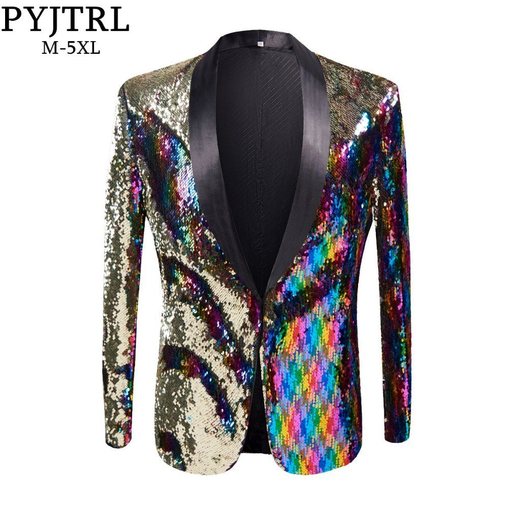 PYJTRL New Mens Stylish Gold Colorized Double-Color Sequins Blazer Nightclub Bar Stage Singer Costume Wedding Groom Suit Jacket