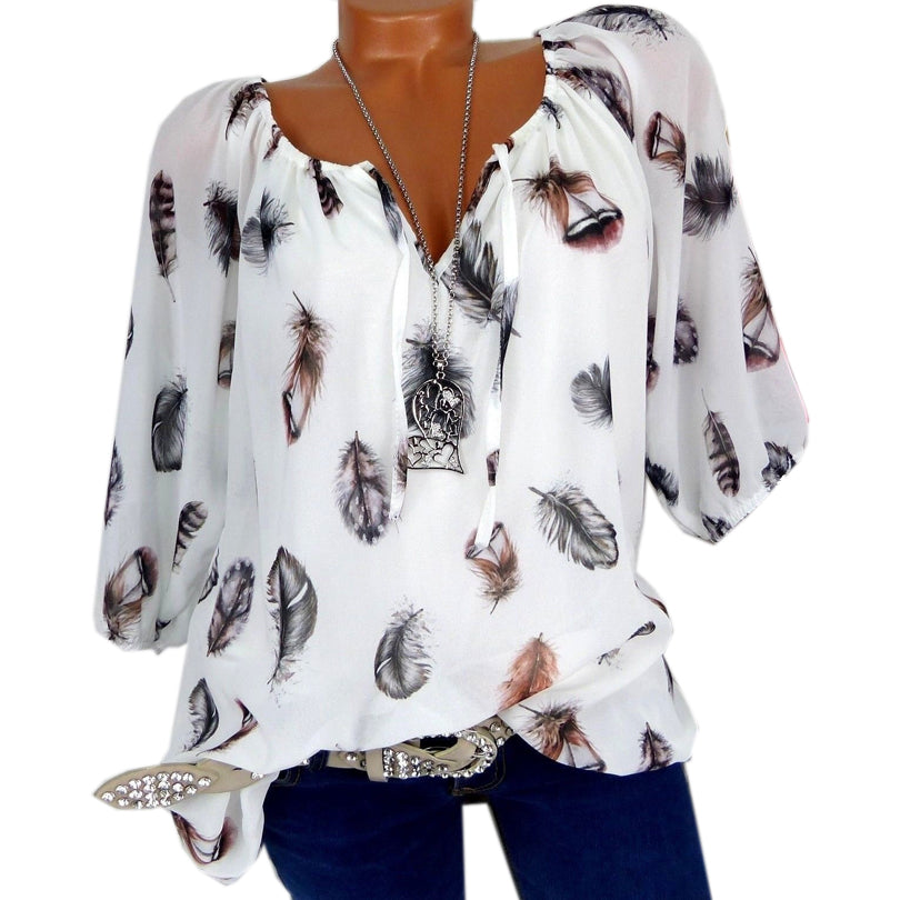 Fashion 5XL Plus Large Size Women's Blouses Summer Tops New Leisure Blouse White Loose Feather Print V Neck Half Sleeve Shirts