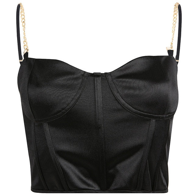 Elegant Patchwork Chain Strap Tank Top Women Backless Sexy Crop Tops Tees Harajuku Black Cami Top Summer Camisole