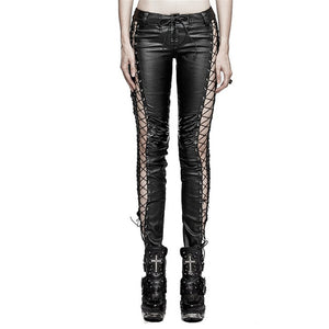 PUNK RAVE Steampunk Gothic Women PU Leather Pants Hollow Out Black Sexy Pants Club Party Women Lace-up Skinny Trousers