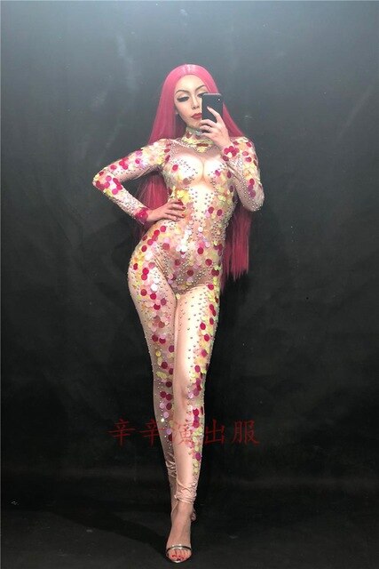 Sparkly Rhinestones Jumpsuit Female Fashion Sexy Stretch Sequin Mermaid Bodysuit Stage Costume Women Outfit Party Leggings