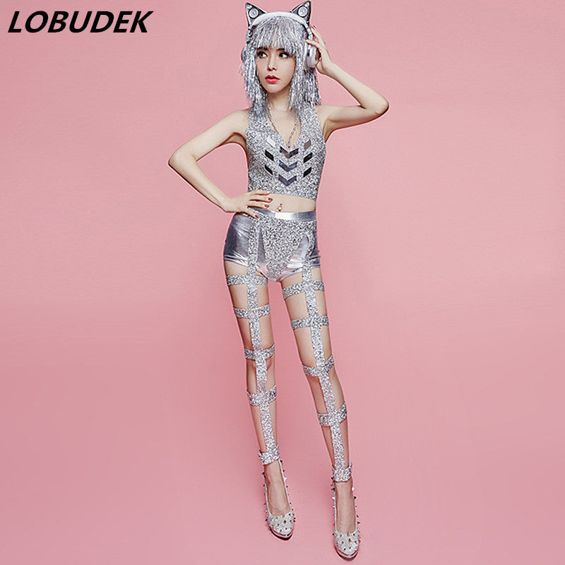 Nightclub Lady DJ Singer Stage Outfit Bar Party Show Dancer Pole Dancing Costume Silver Crystals Bra Bandage Leggings Set Outfit