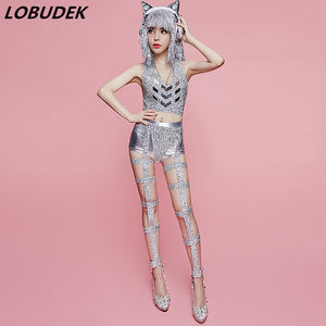 Nightclub Lady DJ Singer Stage Outfit Bar Party Show Dancer Pole Dancing Costume Silver Crystals Bra Bandage Leggings Set Outfit