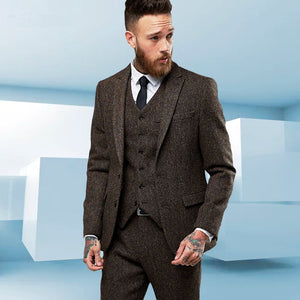 Custom Made tweed Wool Brown Herringbone men suit British style Modern Blazer 3 Pieces Skinny Men Suits (Jacket+Pants+vest) 2019