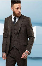 Custom Made tweed Wool Brown Herringbone men suit British style Modern Blazer 3 Pieces Skinny Men Suits (Jacket+Pants+vest) 2019