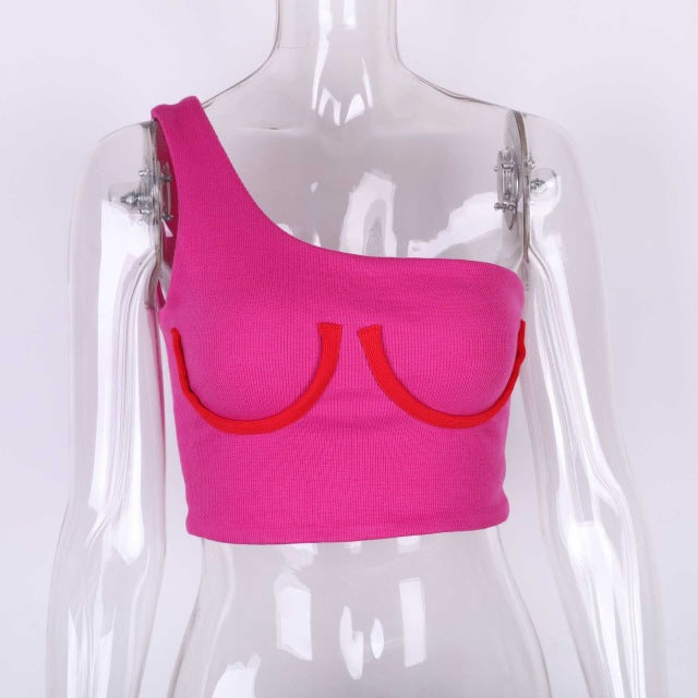 Cryptographic One Shoulder Sexy Sleeveless Crop Tops for Women Summer Pink Bustier Tank Top Mujer Short Vest Slim Streetwear
